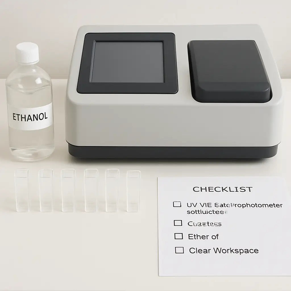 A clean laboratory bench with a UV‑Vis spectrophotometer, quartz cuvettes neatly arranged, a bottle of ethanol, and a labeled checklist. Alt: UV‑Vis spectrophotometer workspace preparation for calibration