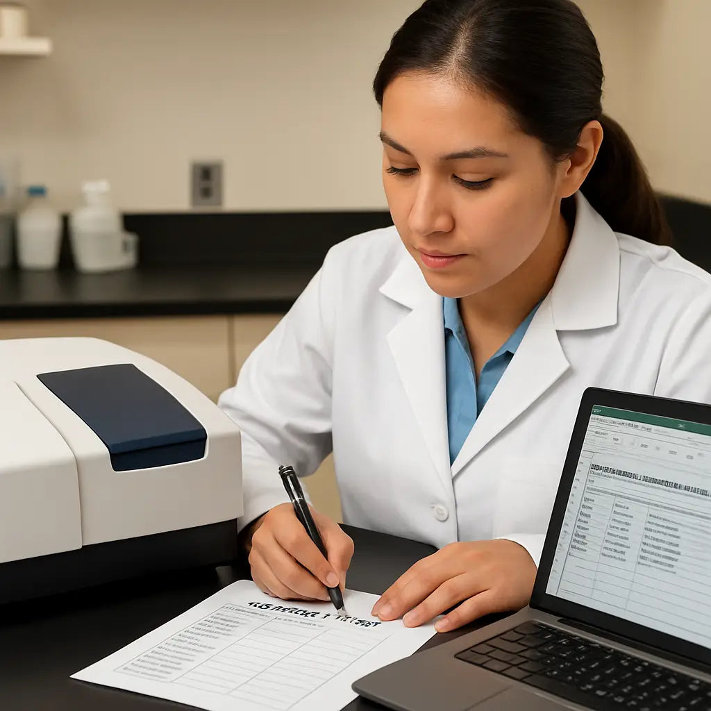 A lab bench with a UV‑Vis spectrophotometer, a printed calibration log sheet, a laptop displaying a spreadsheet of maintenance dates, and a researcher writing notes. Alt: Documenting calibration and maintenance schedule for UV‑Vis spectrophotometer.