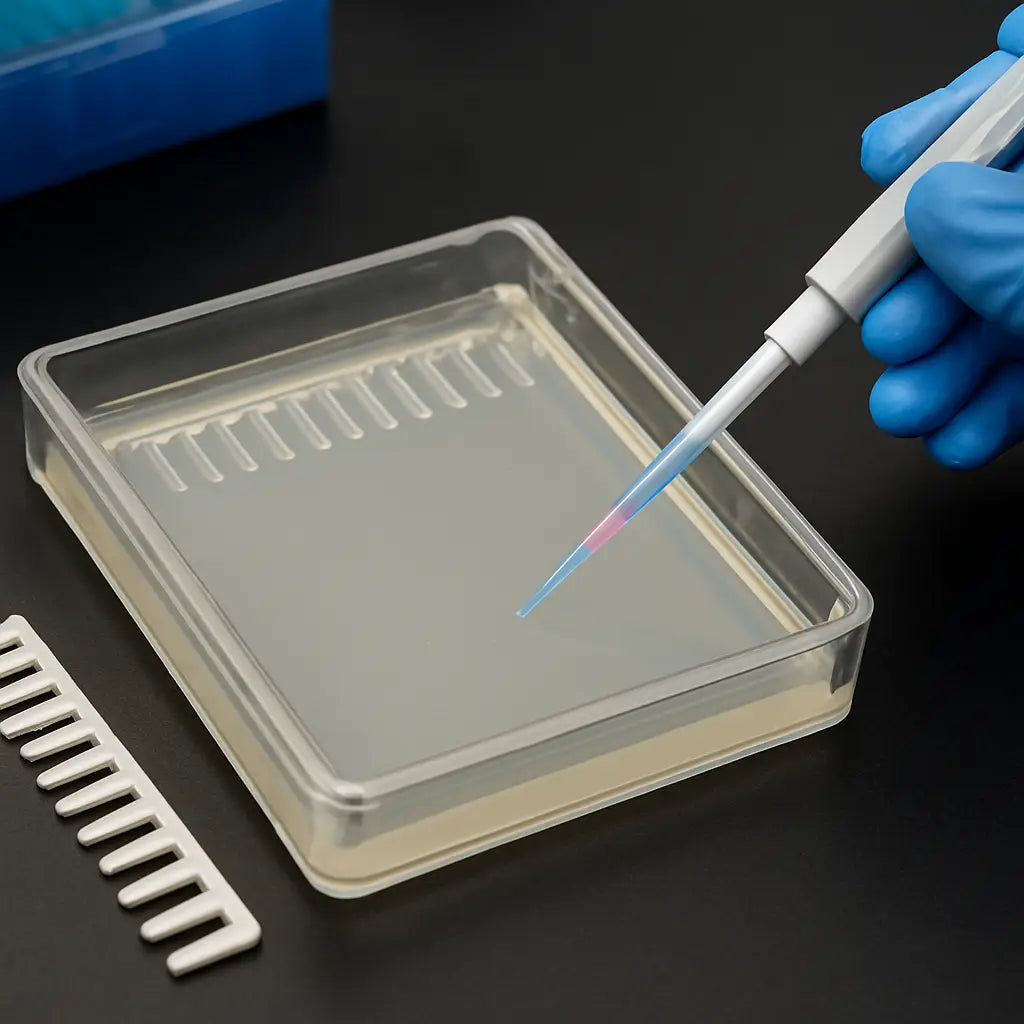A lab bench with a clear agarose gel in a casting tray, a comb removed, and a pipette ready to load samples. Alt: Cool agarose gel with loading dye ready for sample loading, highlighting the step in how to make agarose gel.