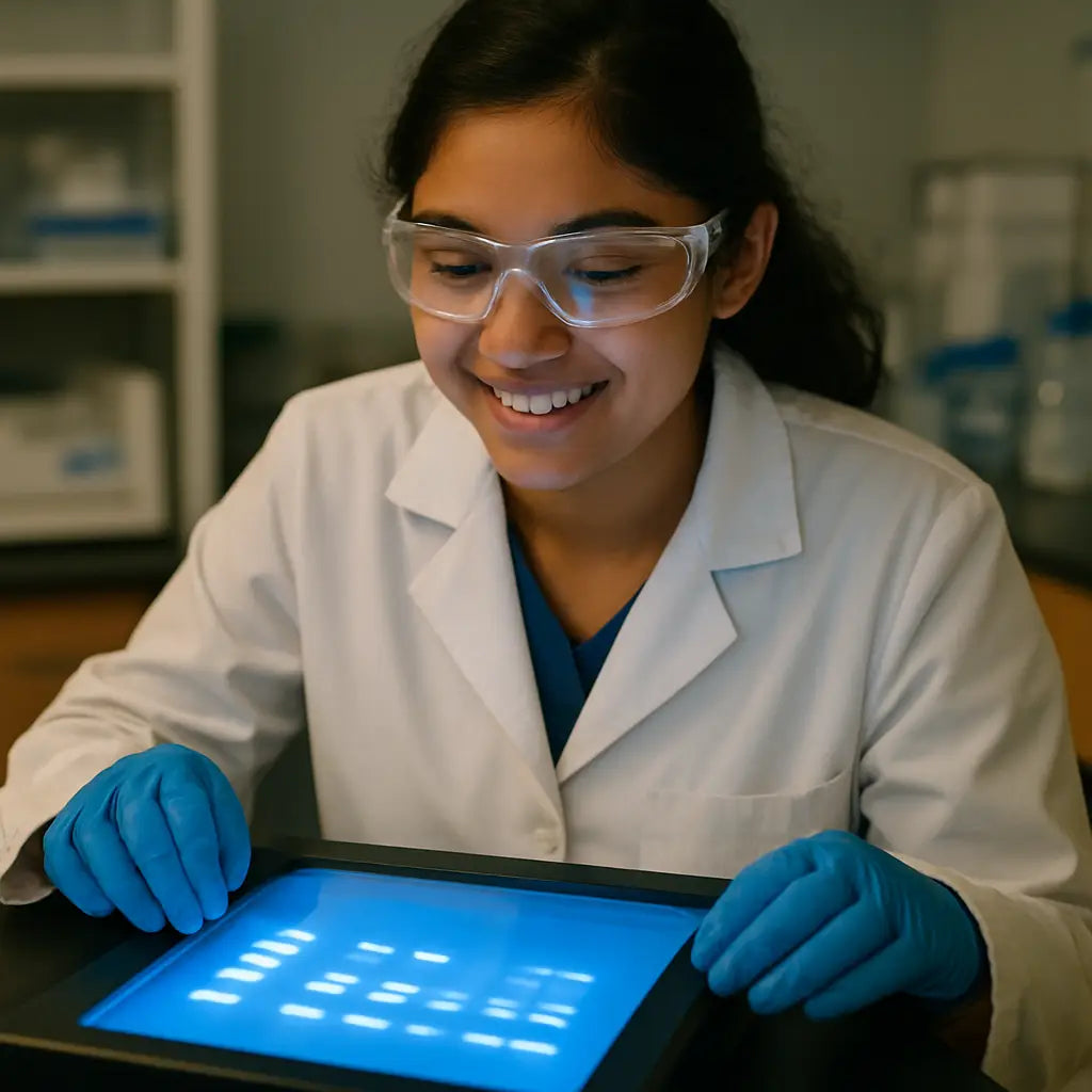 A lab scientist looking at a illuminated gel electrophoresis image on a transilluminator, showing bright DNA bands. Alt: Visualizing gel electrophoresis results