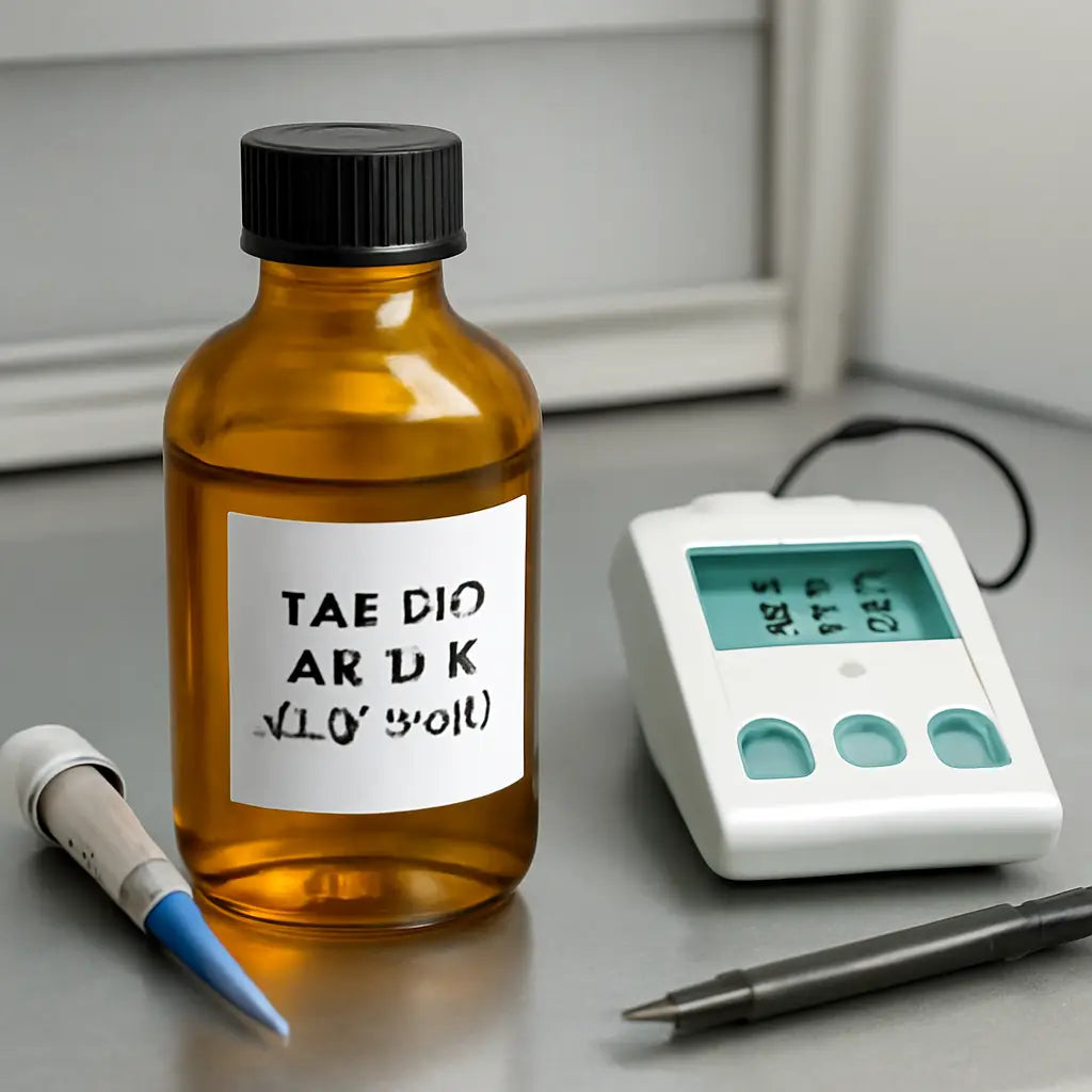 A clear amber laboratory bottle labeled “TAE 50× – pH 8.0 – 12‑03‑2025”, sitting on a refrigerated bench with a pH meter and a pipette nearby. Alt: Properly labeled 50× TAE buffer bottle ready for use.