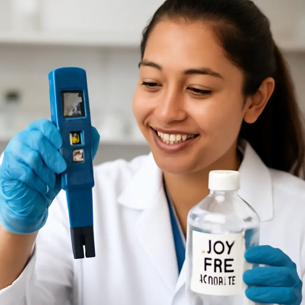 A laboratory technician holding a pH meter next to a clear 10x TBE buffer bottle. Alt: Lab technician measuring pH of TBE buffer.