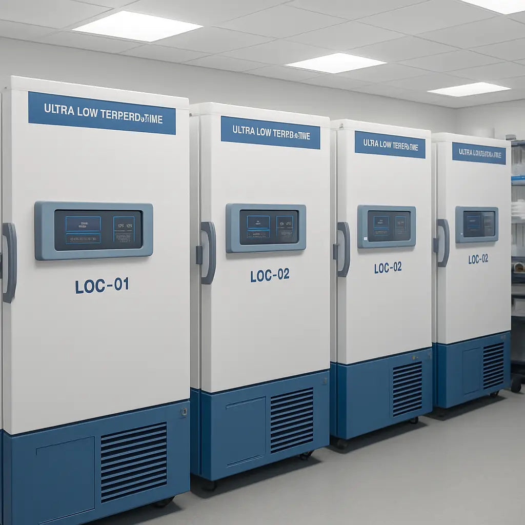 A modern research laboratory with a row of ultra‑low temperature freezers, each labeled and organized. Alt: Ultra low temperature freezer rack in a busy lab