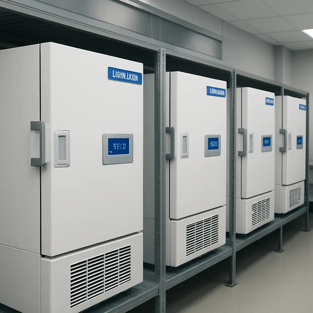A high‑tech laboratory with a row of ultra‑low temperature freezers neatly arranged on a temperature‑controlled shelf. Alt: Ultra‑low temperature freezer rack in a modern research lab.
