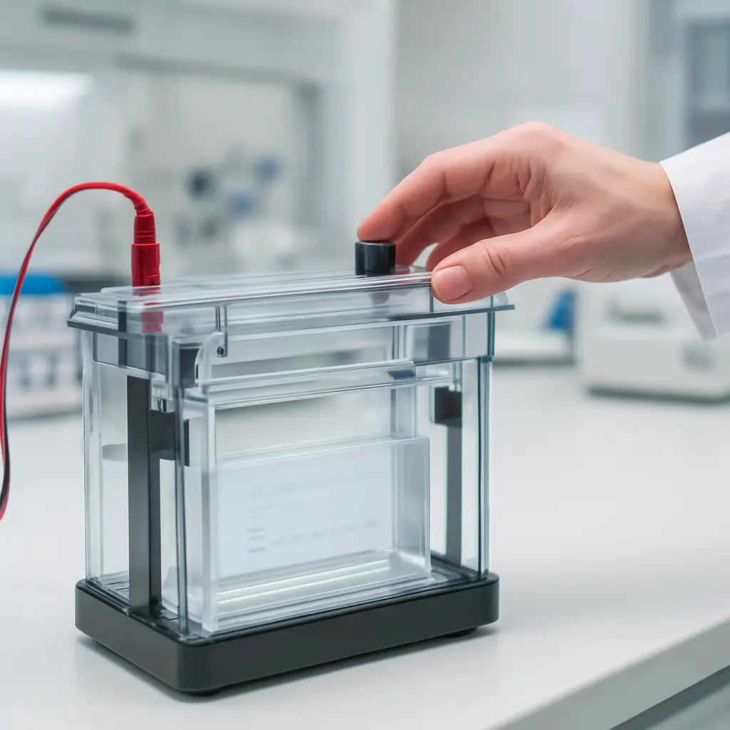 A photorealistic lab bench with a modern gel electrophoresis tank, clear buffer solution inside, and a researcher adjusting the tank lid. Realism style, bright laboratory lighting, focus on the tank’s sleek design and safety interlocks. Alt: High‑quality gel electrophoresis tank highlighting price‑influencing features.