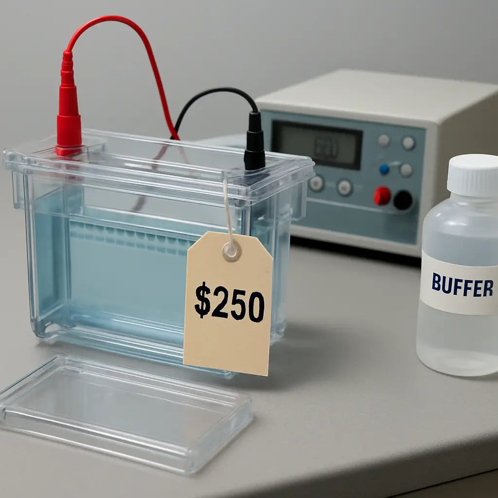 A photorealistic lab bench showing a gel electrophoresis tank with a price tag, a spare lid, a power meter, and a buffer bottle, illustrating hidden costs of gel electrophoresis tank price. Alt: Detailed view of gel electrophoresis tank budgeting considerations.