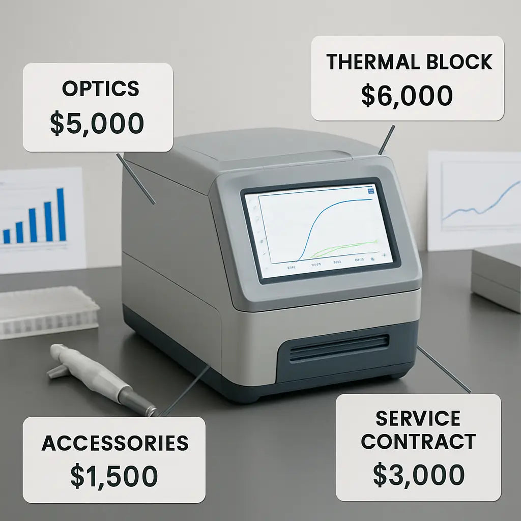 A modern qPCR instrument on a lab bench surrounded by price tags, charts, and accessories, illustrating the factors that influence qPCR machine price. Alt: Diagram of qPCR machine price components, including optics, thermal block, accessories, and service contracts.