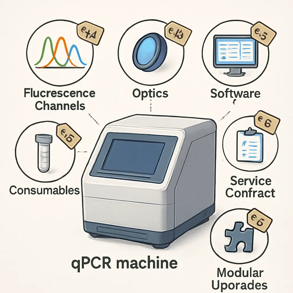 An illustration showing a qPCR machine surrounded by icons representing fluorescence channels, optics, software, service contract, consumables, and modular upgrades, with price tags hovering over each feature. Alt: Diagram of factors that increase qPCR machine price.