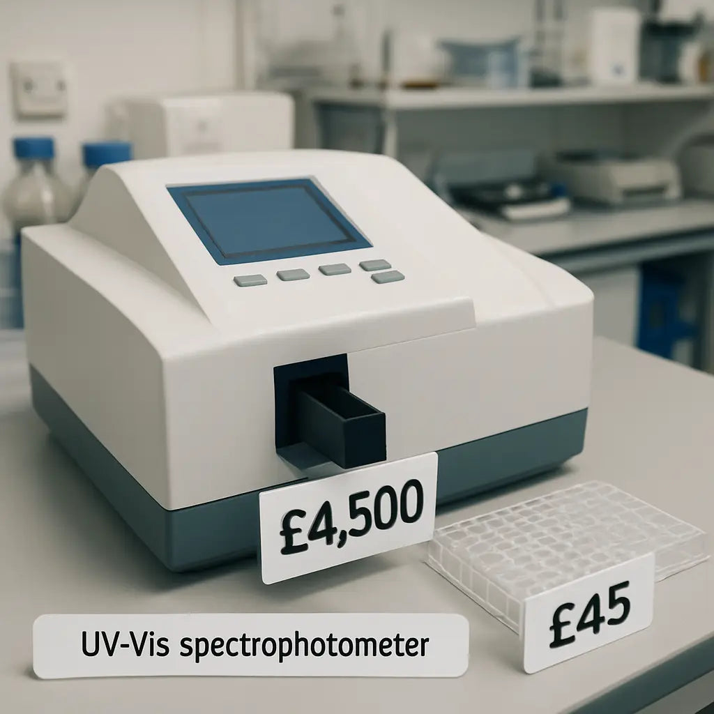 A photorealistic laboratory bench showing a UV‑Vis spectrophotometer with a cuvette holder and a 96‑well plate, labelled with price tags, realistic lighting, UK lab environment, appealing to academic and biotech researchers. Alt: UV‑Vis spectrophotometer price breakdown on a lab bench.