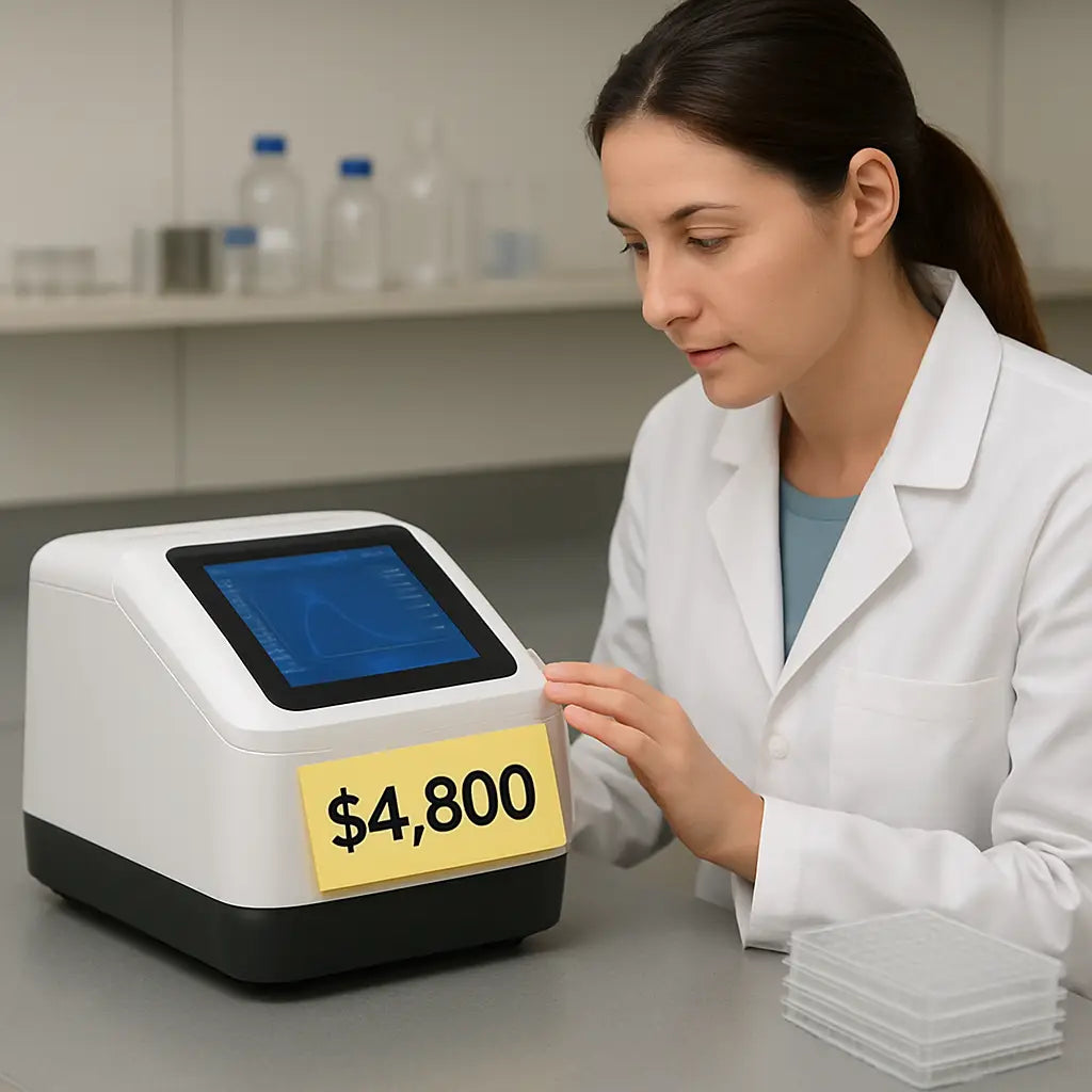 A photorealistic lab bench showing a compact UV‑Vis spectrophotometer priced with a visible $4,800 tag, a researcher in a lab coat checking the screen, and a nearby stack of assay plates, illustrating budget‑friendly options under $5,000. Alt: Affordable UV‑Vis spectrophotometer price on lab bench.