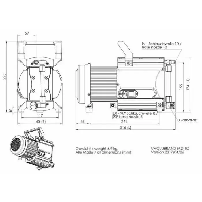 Vacuubrand MD 1C 0.9 CFM Oil-Free Chemistry Diaphragm Pump 110V - Pumps