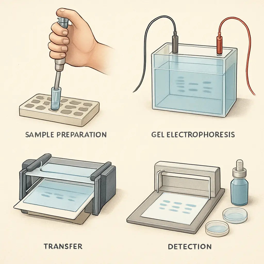 A high‑resolution illustration of a Western blot workflow, showing sample preparation, gel electrophoresis, transfer, and detection. Alt: Western blot troubleshooting sample preparation steps