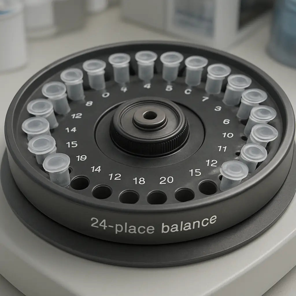 A detailed illustration of a microcentrifuge rotor with labeled 1–24 positions, showing a 24‑place balance, in a modern laboratory setting. Alt: Microcentrifuge rotor with labeled positions