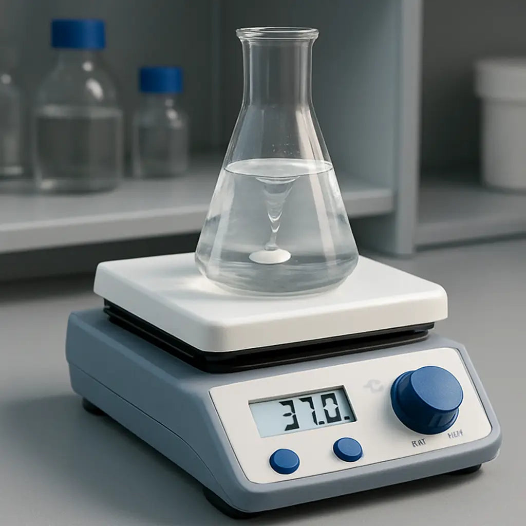 A modern laboratory bench featuring a magnetic stirrer with hot plate in use, showing a ceramic plate, a stir bar inside a flask, and a digital PID display reading 37 °C. Alt: magnetic stirrer with hot plate in action for a biology lab.