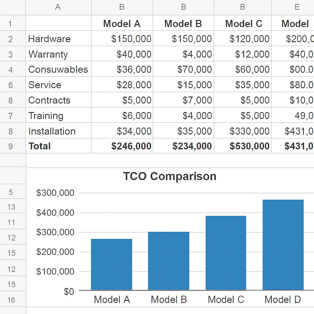 A spreadsheet with cost categories and a graph comparing TCO across different DNA sequencer models. Alt: Spreadsheet comparison of sequencing cost models.